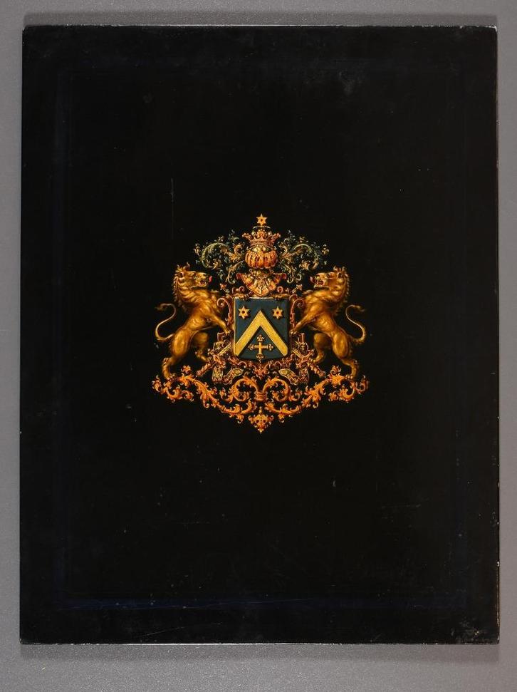 Geschilderd familiewapen op paneel - Heraldiek - Geneologie, Antiek en Kunst, Kunst | Schilderijen | Klassiek, Ophalen of Verzenden