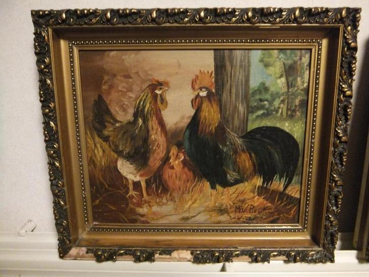 schilderij, kippen (2), Antiek en Kunst, Kunst | Schilderijen | Klassiek, Ophalen of Verzenden