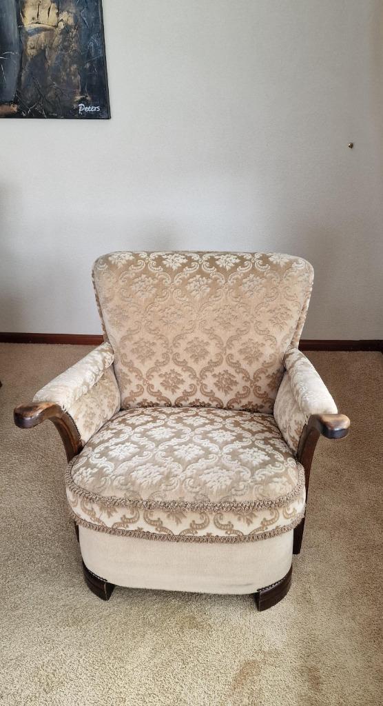 grappige vintage fauteuil, Huis en Inrichting, Fauteuils, Gebruikt, Hout, Stof, 50 tot 75 cm, 75 tot 100 cm, Ophalen