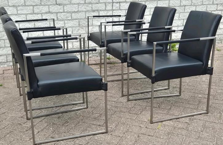Bert plantagie design eetkamerstoelen zwart leer Clark rvs, Huis en Inrichting, Stoelen, Zo goed als nieuw, Vijf, Zes of meer stoelen