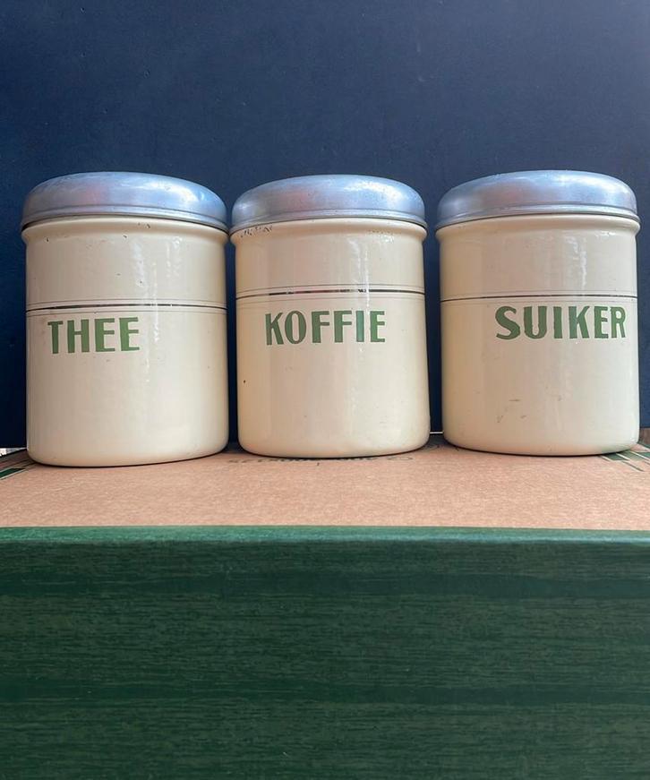 Vintage Emaille koffie thee en suiker voorraad bussen, Antiek en Kunst, Antiek | Emaille, Ophalen of Verzenden