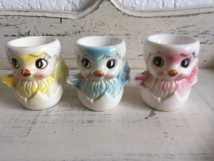 Set van 3 antieke big eyes kuikens eierdoppen eierdopjes, Antiek en Kunst, Antiek | Servies los, Ophalen of Verzenden