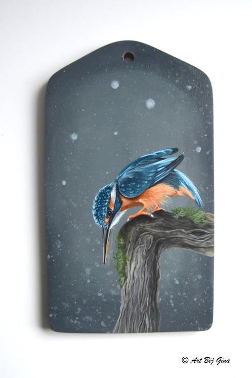 IJsvogel op de uitkijk, geschilderd op een mooi plankje, Antiek en Kunst, Kunst | Overige Kunst, Ophalen of Verzenden