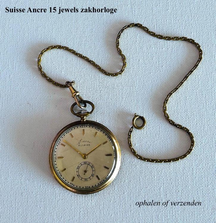 Ancre Suisse 15 jewels Zakhorloge met Ketting (loopt niet), Sieraden, Tassen en Uiterlijk, Horloges | Antiek, Zakhorloge, Overige merken