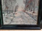 Schilderij winterse bosweg. Zwarte houten lijst., Ophalen