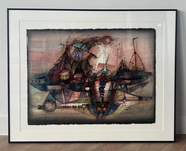 Dansende scheepjes op geschept papier door Francis Vannerum, Antiek en Kunst, Kunst | Schilderijen | Abstract, Ophalen