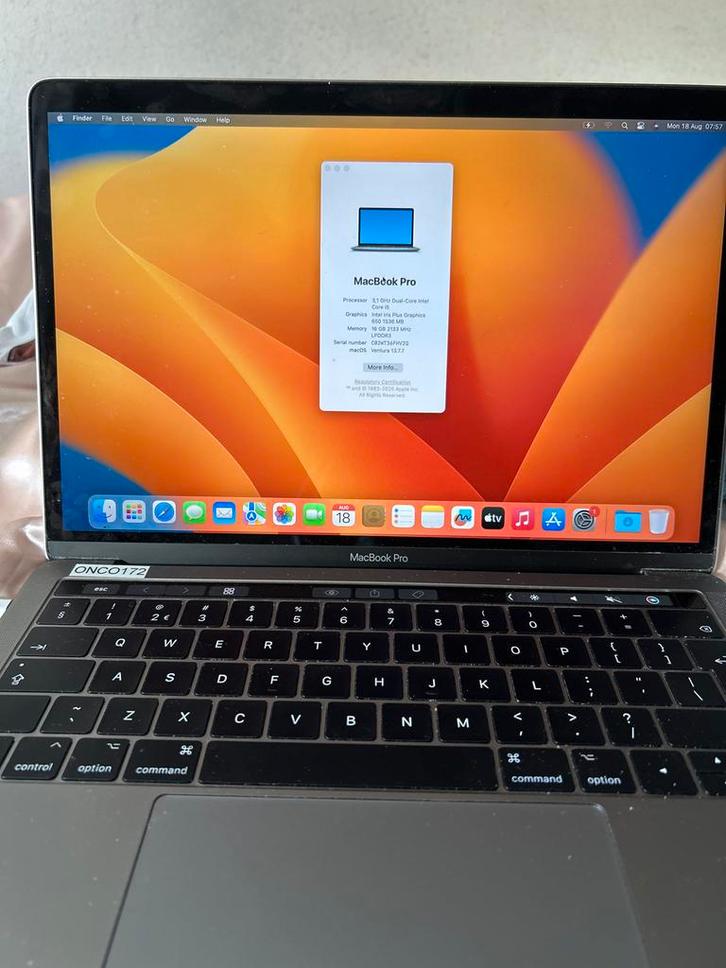 MacBook Pro 13" A1706, Computers en Software, Apple Macbooks, Gebruikt, MacBook Pro, 13 inch, 3 tot 4 Ghz, 256 GB, 16 GB, Qwerty