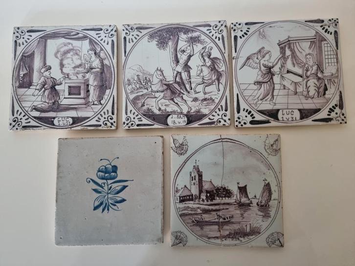 3 x mangaan bijbelse tegel + landschap + friese bloemtegel, Antiek en Kunst, Antiek | Wandborden en Tegels, Ophalen of Verzenden