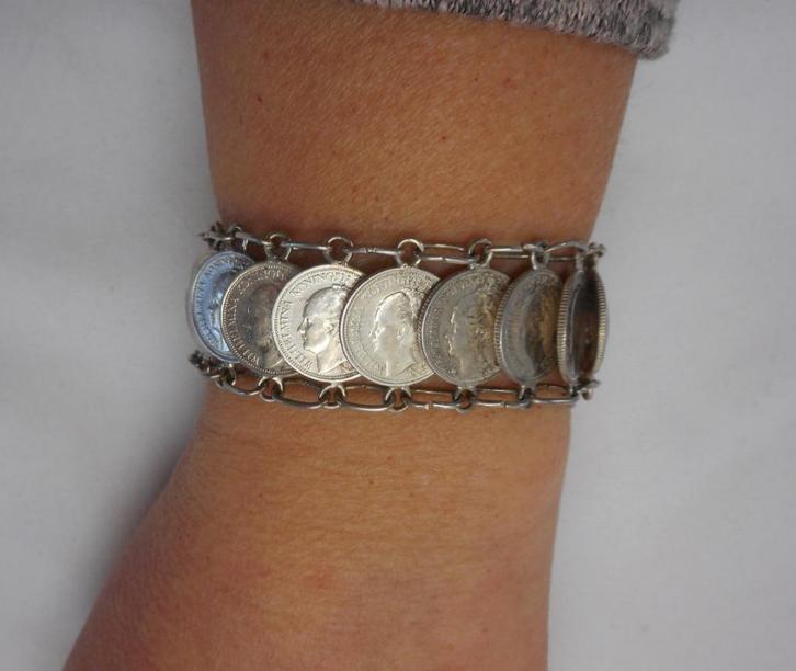 Zilveren Wilhelmina dubbeltjes armband nr.645, Sieraden, Tassen en Uiterlijk, Antieke sieraden, Armband, Zilver, Verzenden