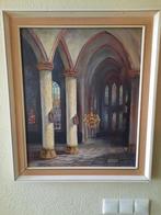 Gesigneerd olieverf schilderij interieur kerk, Ophalen of Verzenden