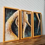 Set van drie schilderijen, drieluik met houten lijst, Minder dan 50 cm, 50 tot 75 cm, Nieuw, Ophalen of Verzenden