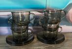 Vintage jaren 70 6x kop en schotel bruin glas, Huis en Inrichting, Keuken | Servies, Gebruikt, Verzenden, Glas, Overige stijlen