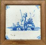 Antieke tegel met herder + schapen. Spinnekopjes in hoeken, Ophalen of Verzenden