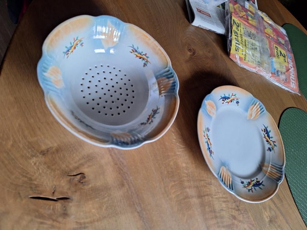 Vintage Aardewerk Vergiet en Schaal Set, Ophalen of Verzenden