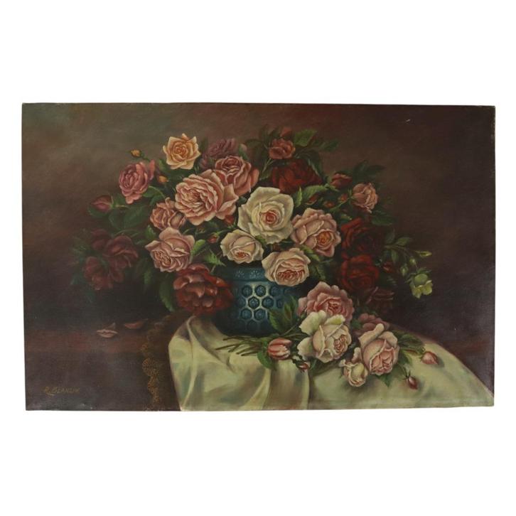 Groot Bloemen Stilleven Schilderij Rozen Boeket Gesigneerd, Antiek en Kunst, Kunst | Schilderijen | Klassiek, Ophalen of Verzenden