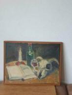 Schilderij stilleven fles kaars boek schedel bok, Ophalen