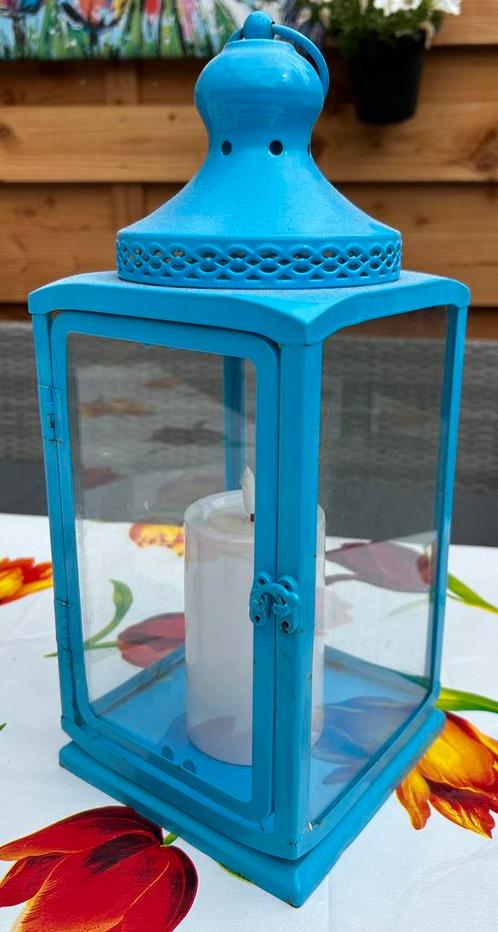 Windlicht zee strand Ibiza blauw compleet, Huis en Inrichting, Woonaccessoires | Kandelaars en Kaarsen, Zo goed als nieuw, 25 tot 50 cm