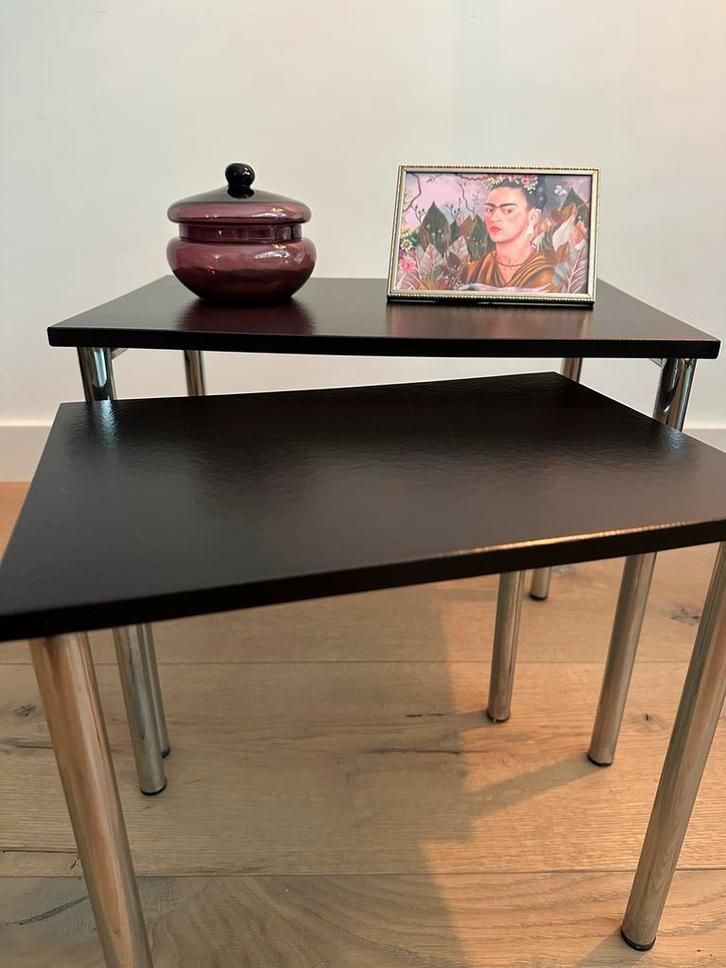 Vintage Set Bijzettafels, Huis en Inrichting, Tafels | Bijzettafels, Gebruikt, Vierkant, Minder dan 45 cm, Minder dan 55 cm, Metaal of Aluminium