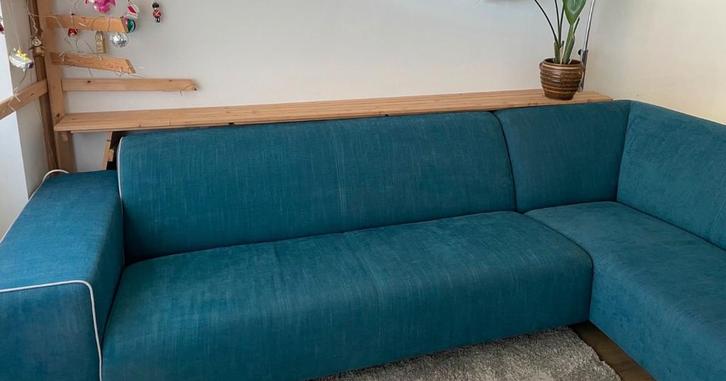 Beige/Turquoise Hoekbank, Huis en Inrichting, Banken | Bankstellen, Gebruikt, Hoekbank, Vierpersoons of meer, 250 tot 300 cm, 75 tot 100 cm