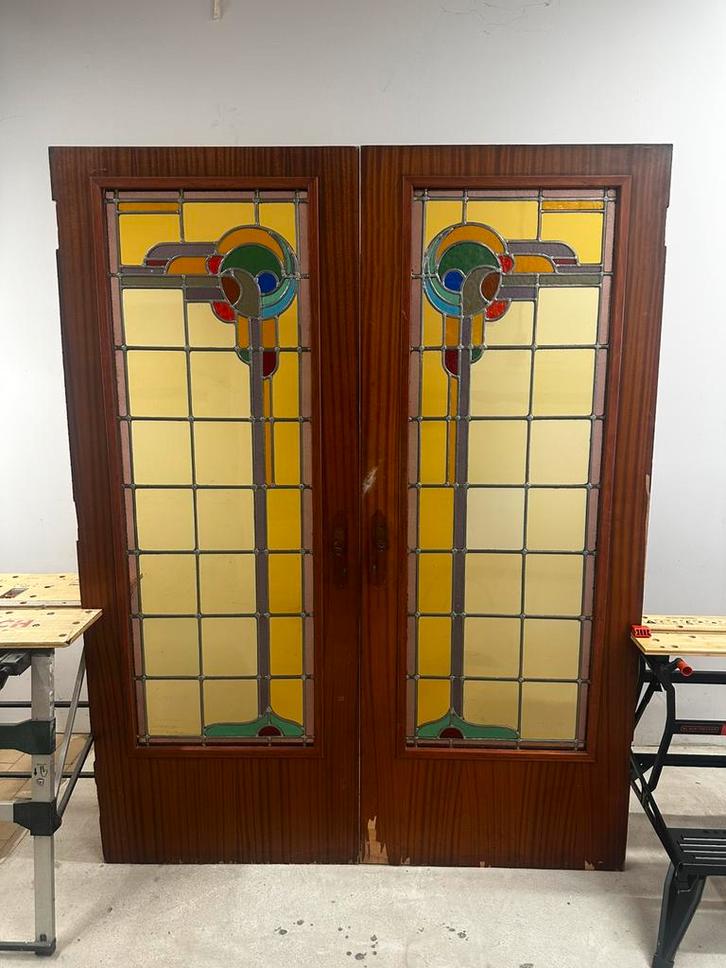 Zeldzaam mooie ensuite deuren met Art Deco glas in lood, Doe-het-zelf en Verbouw, Deuren en Horren, Zo goed als nieuw, Binnendeur