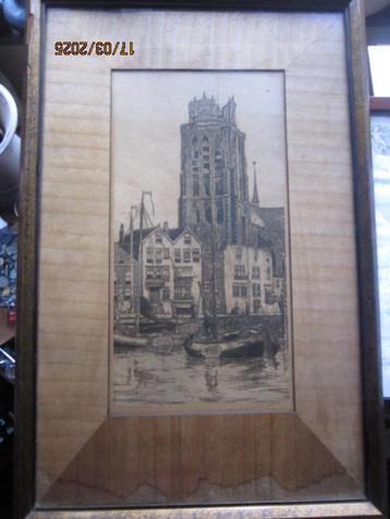 Dordrecht, Ets v/d BOMKADE met Oudekerk Imm hout Passepart. beschikbaar voor biedingen