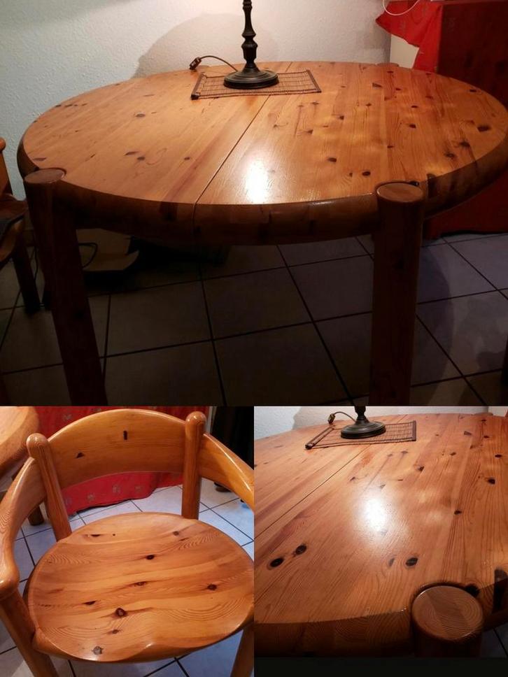 Deense vintage Daumiller eethoek uitschuif tafel + 4 stoelen, Huis en Inrichting, Complete eetkamers, Gebruikt, 4 tot 6 stoelen