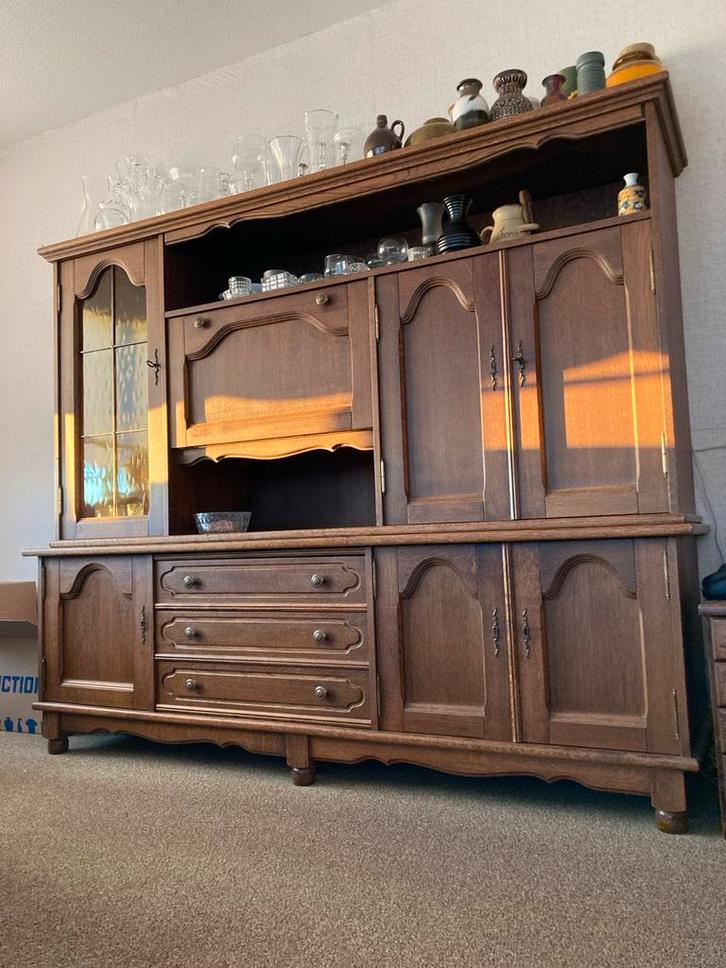 Eikenhouten Wandmeubel met Bar & Vitrine | Amsterdam Bieden, Huis en Inrichting, Kasten | Buffetkasten, Gebruikt, 150 tot 200 cm
