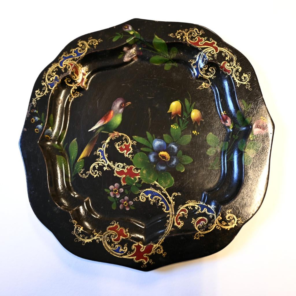 handgeschilderd toleware dienblad met vogel en bloemen, Ophalen of Verzenden, Gebruikt, Vierkant, Metaal
