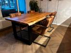 Eetkamerstoelen 4x dikke leren zitting/stalen frame, Huis en Inrichting, Ophalen, Bruin, Leer, Zo goed als nieuw