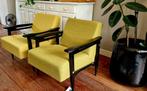Originele 60's vintage fauteuil volledig gerestaureerd (2x), Minder dan 75 cm, Zo goed als nieuw, Hout, 50 tot 75 cm