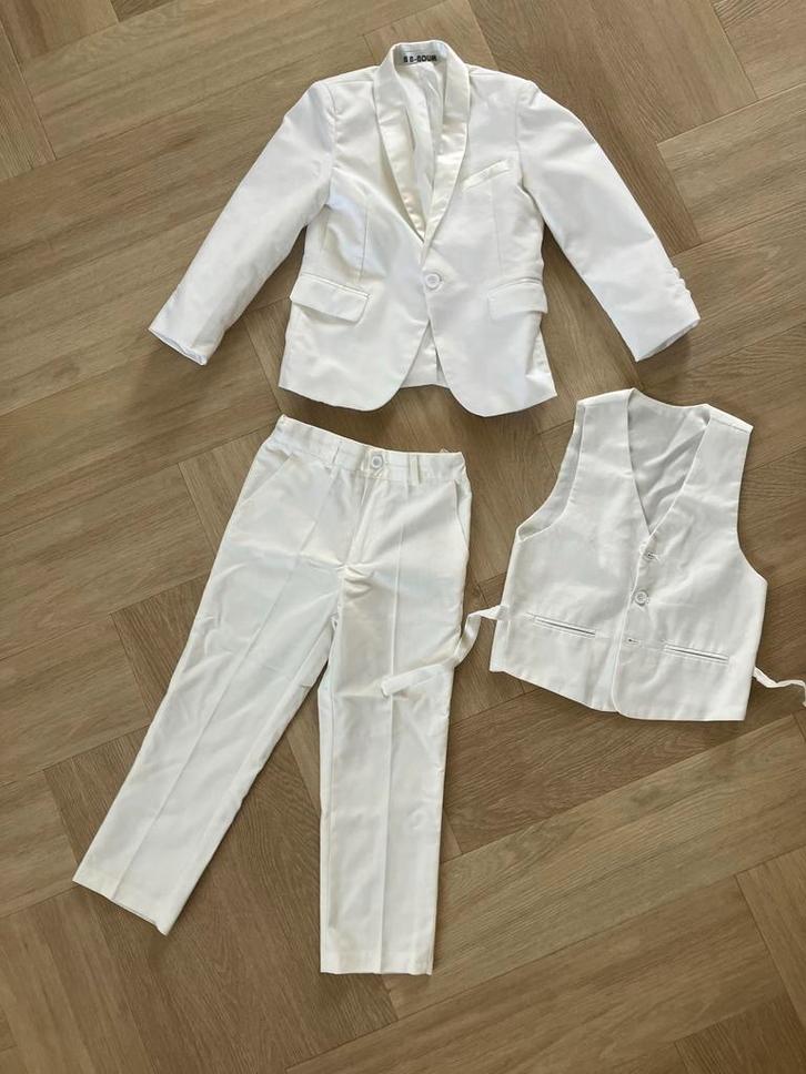 Wit Jongenspak - Jasje, Broek & Gilet maat 128, Kinderen en Baby's, Kinderkleding | Overige, Zo goed als nieuw, Jongen, Ophalen of Verzenden