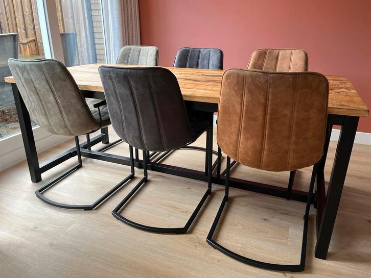 6 Eetkamerstoelen Riv - Groen, Bruin & Grijs, Huis en Inrichting, Stoelen, Gebruikt, Vijf, Zes of meer stoelen, Stof, Bruin, Ophalen