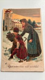 Moeder met kinderen in sneeuw.Reliëf,geheiligd zij uw naam., Verzenden, Voor 1920, Gelopen, Kinderen
