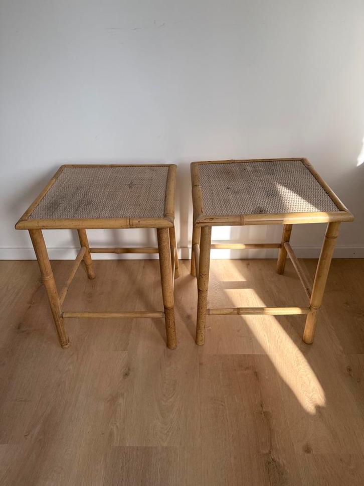 Vintage Bamboe rotan Bijzettafels - Set van 2, Huis en Inrichting, Tafels | Bijzettafels, Gebruikt, Vierkant, Minder dan 45 cm