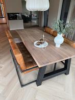 Eiken eettafel set (6 pers.) met cognac leer bank en stoelen, Huis en Inrichting, Tafels | Eettafels, Ophalen, Gebruikt, 100 tot 150 cm