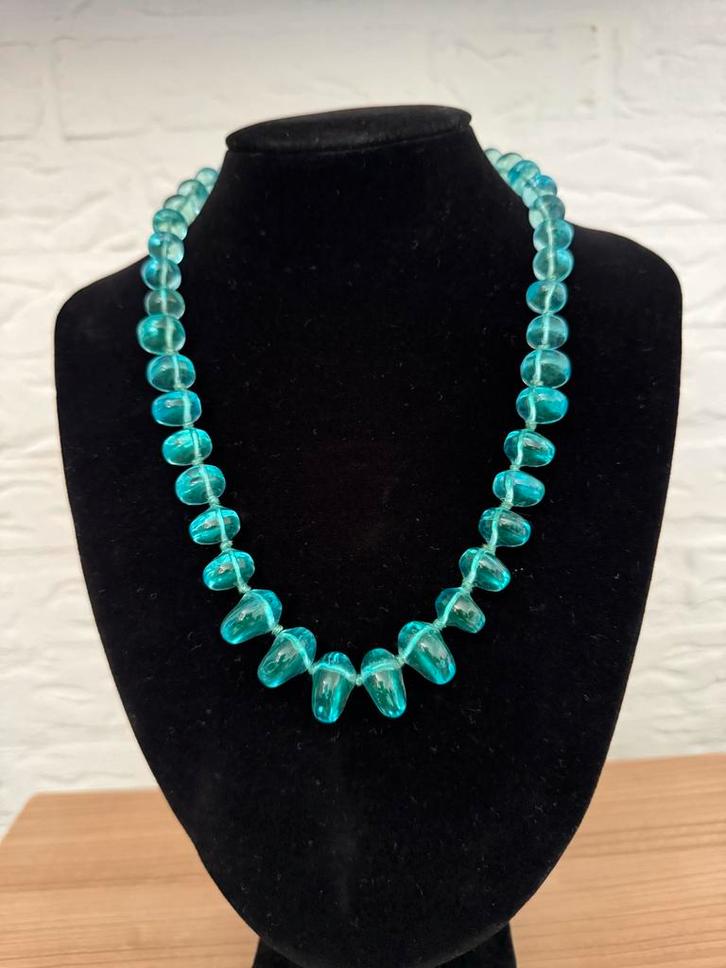 Vintage Aquamarijn Glazen Kralen Ketting, Sieraden, Tassen en Uiterlijk, Kettingen, Gebruikt, Overige materialen, Blauw, Ophalen of Verzenden