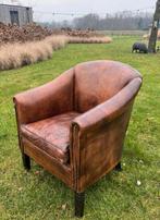 Schapenleren Clubfauteuil - Brocante Stijl, Ophalen, Gebruikt, Leer, 75 tot 100 cm