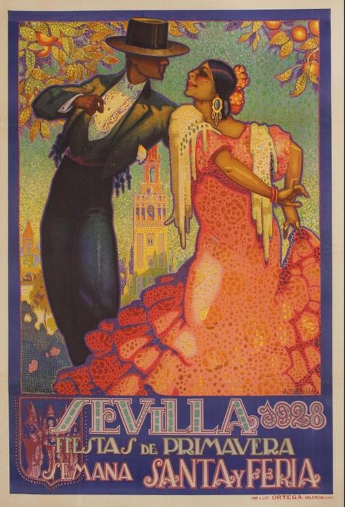 Poster sevilla 1928 fiestas de primavera semana j. Parrilla, Antiek en Kunst, Kunst | Litho's en Zeefdrukken, Ophalen of Verzenden