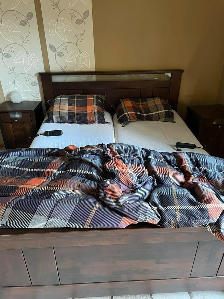 Tweepersoons hoog-laag bed, Huis en Inrichting, Slaapkamer | Bedden, Zo goed als nieuw, Tweepersoons, 180 cm, 200 cm, Hout, Bruin