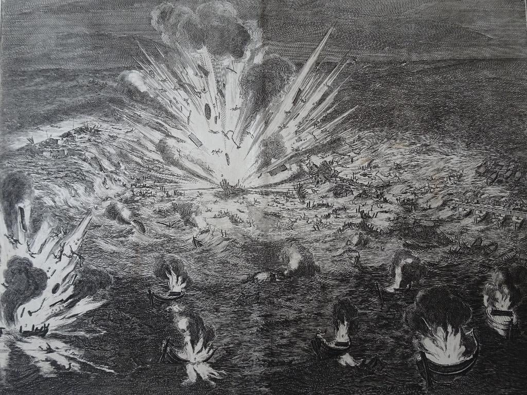 Gravure schipbrug over Schelde opgeblazen Gianibelli, 1730, Antiek en Kunst, Verzenden