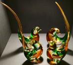 Murano sommerso glasvogels set van 4 groen/amber met goud, Antiek en Kunst, Ophalen of Verzenden