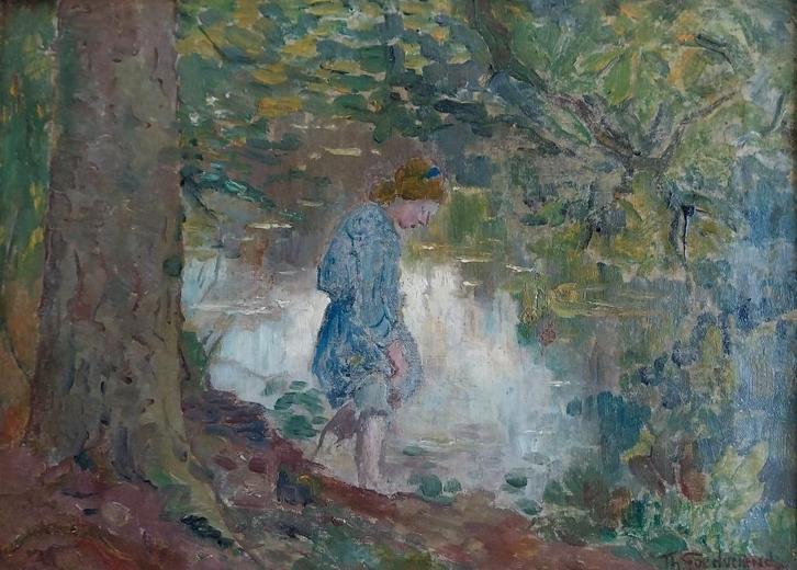 Theo Goedvriend (1879-1969) - Meisje in het bos - 1900, Antiek en Kunst, Kunst | Schilderijen | Klassiek, Ophalen of Verzenden