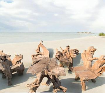 Organische tuinset van teak wortelhout uit Indonesie beschikbaar voor biedingen