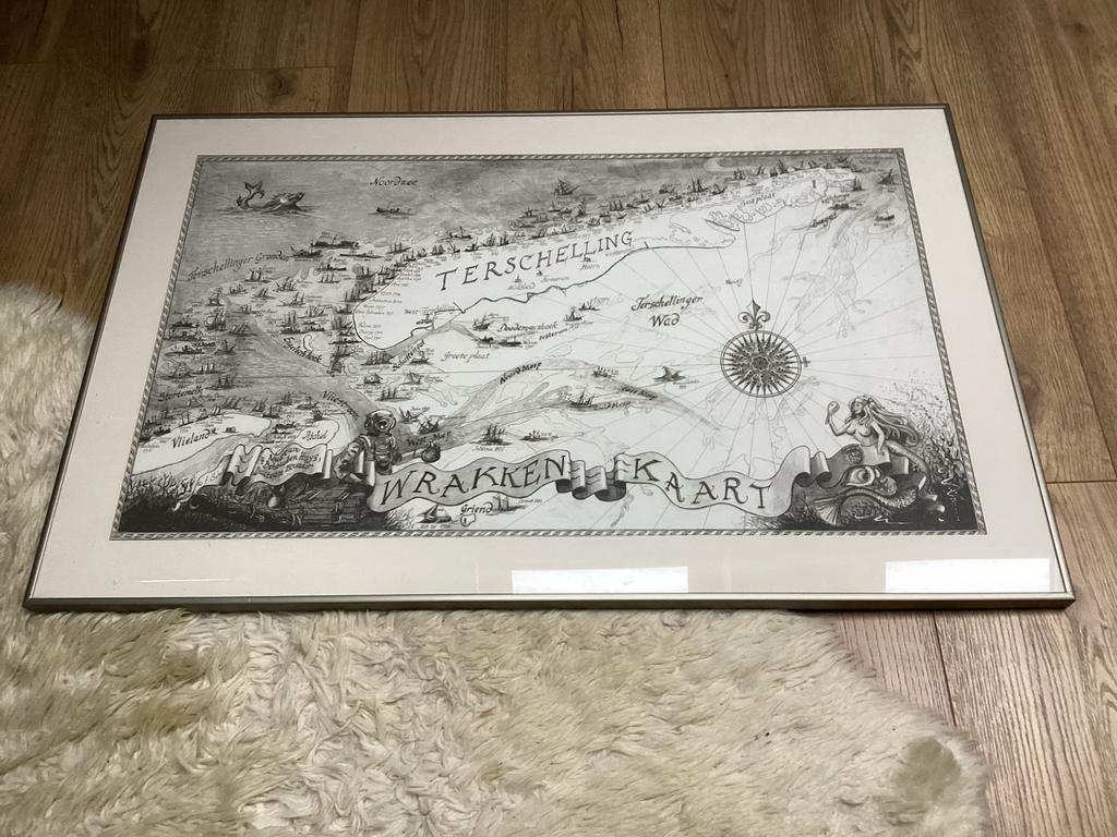 Oude Wrakkenkaart Terschelling Ingelijst, Antiek en Kunst, Kunst | Etsen en Gravures, Ophalen of Verzenden