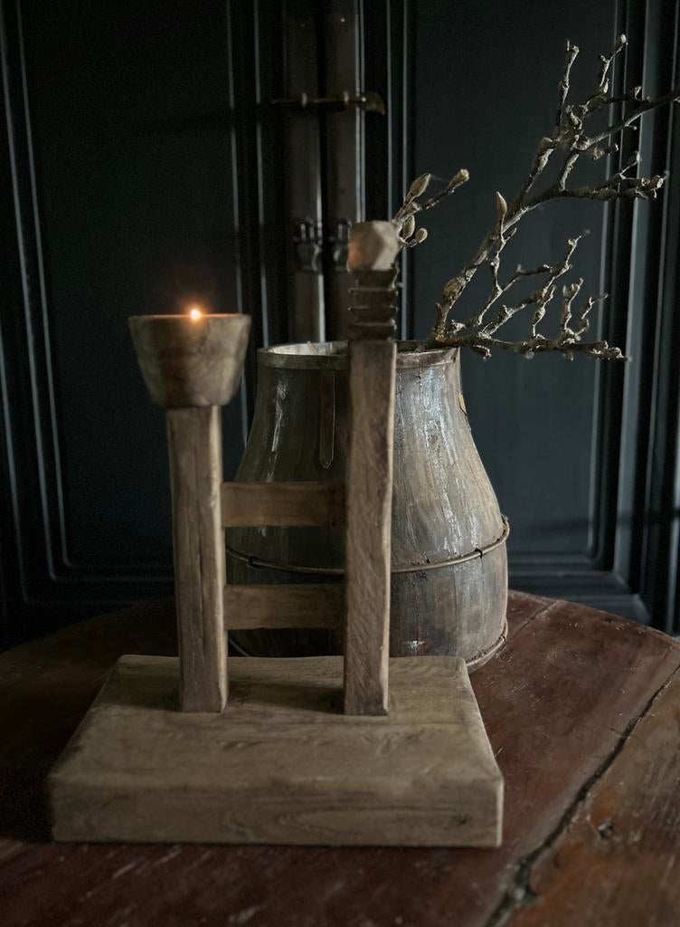 Houten kandelaar india hergebruikt oud hout oosters, Ophalen of Verzenden