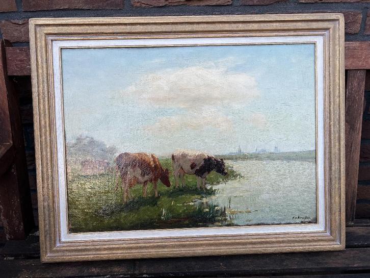 Fedor van Kregten, koeien langs het water, Antiek en Kunst, Kunst | Schilderijen | Klassiek, Ophalen of Verzenden