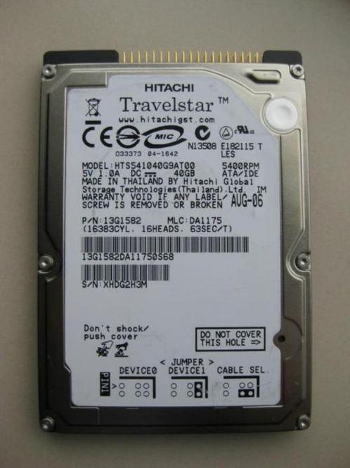 Hitachi 40GB 5400rpm 2,5" IDE laptop harddisk, Computers en Software, Harde schijven, Gebruikt, Laptop, Intern, HDD, IDE, Ophalen of Verzenden