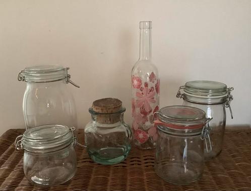 Glazen voorraadpotten - Gebloemde fles, Huis en Inrichting, Keuken | Potten en Pannen, Zo goed als nieuw, Pot, Bus of Blik, Glas