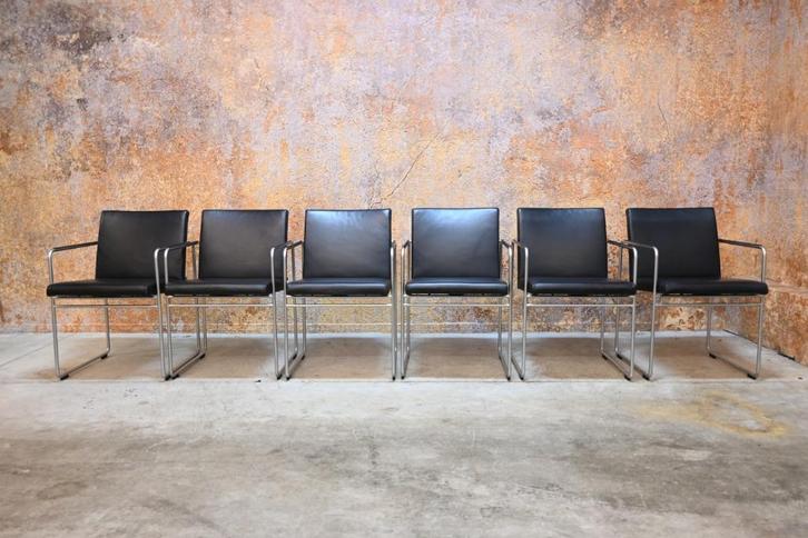 Als NIEUW 6 zwarte leren ARCO slide design stoelen, Huis en Inrichting, Stoelen, Zo goed als nieuw, Vijf, Zes of meer stoelen