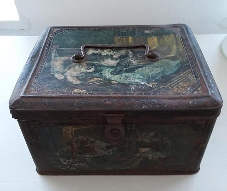 Groot antiek poezen blik met hengsel, ca.1920, Verzamelen, Blikken, Gebruikt, Overige, Ophalen of Verzenden